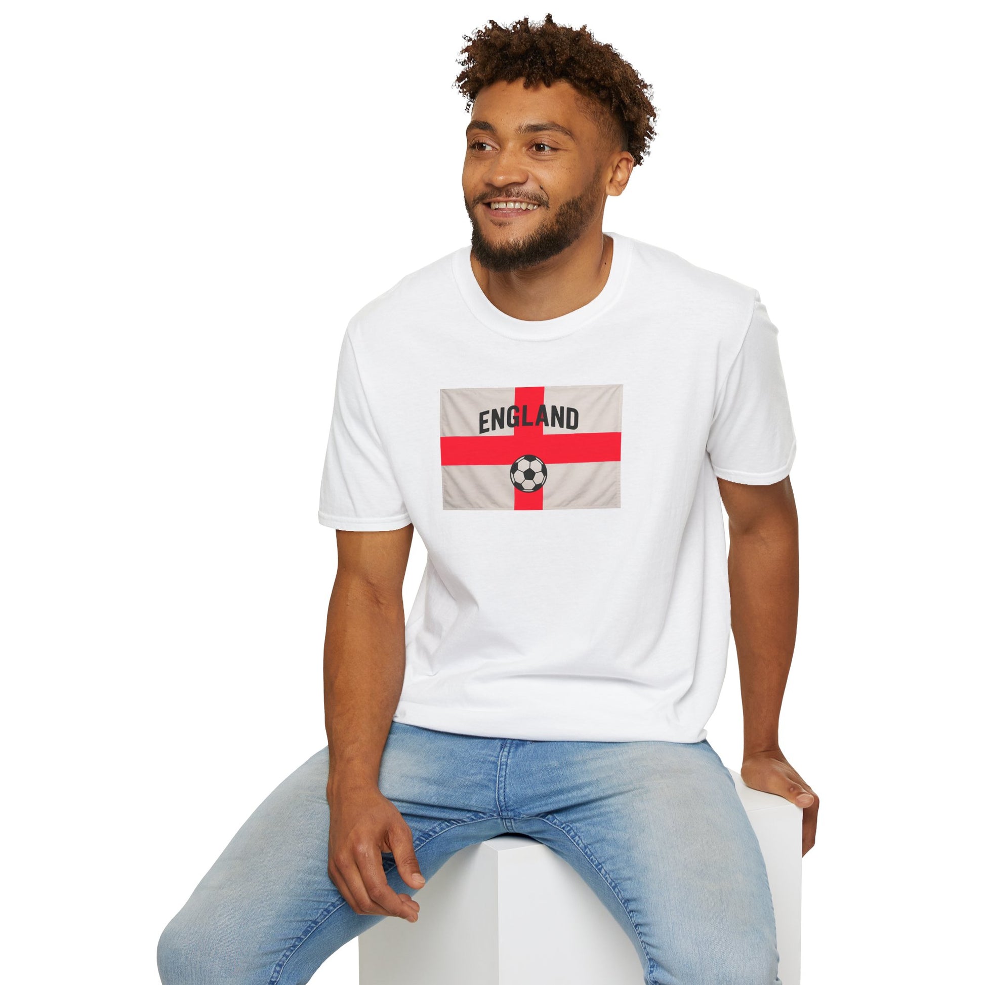 Man wearing a white t-shirt with an England flag design on a white background