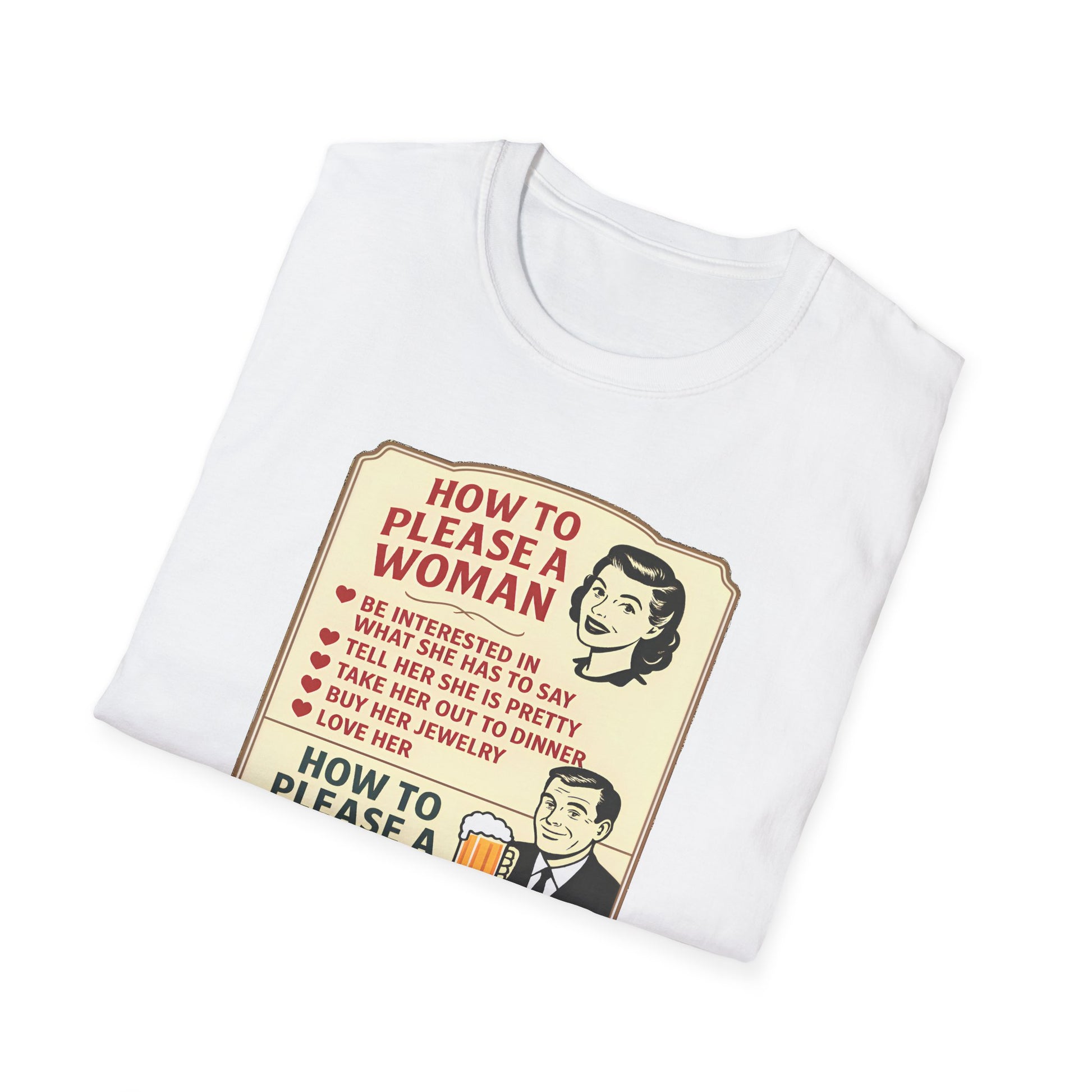 White t-shirt with vintage-style graphic and text on a white background