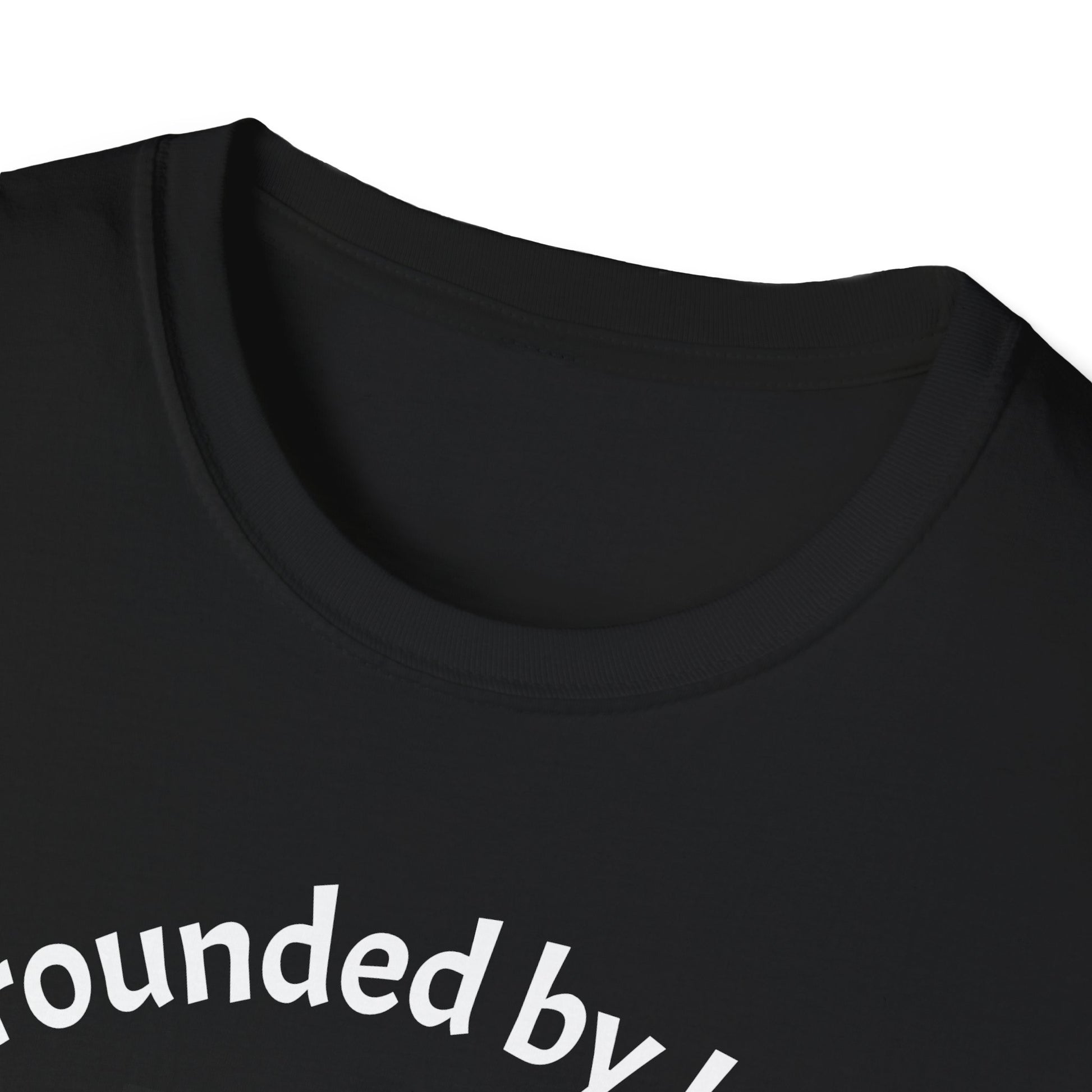 Black t-shirt with white text on a white background