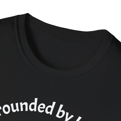 Black t-shirt with white text on a white background