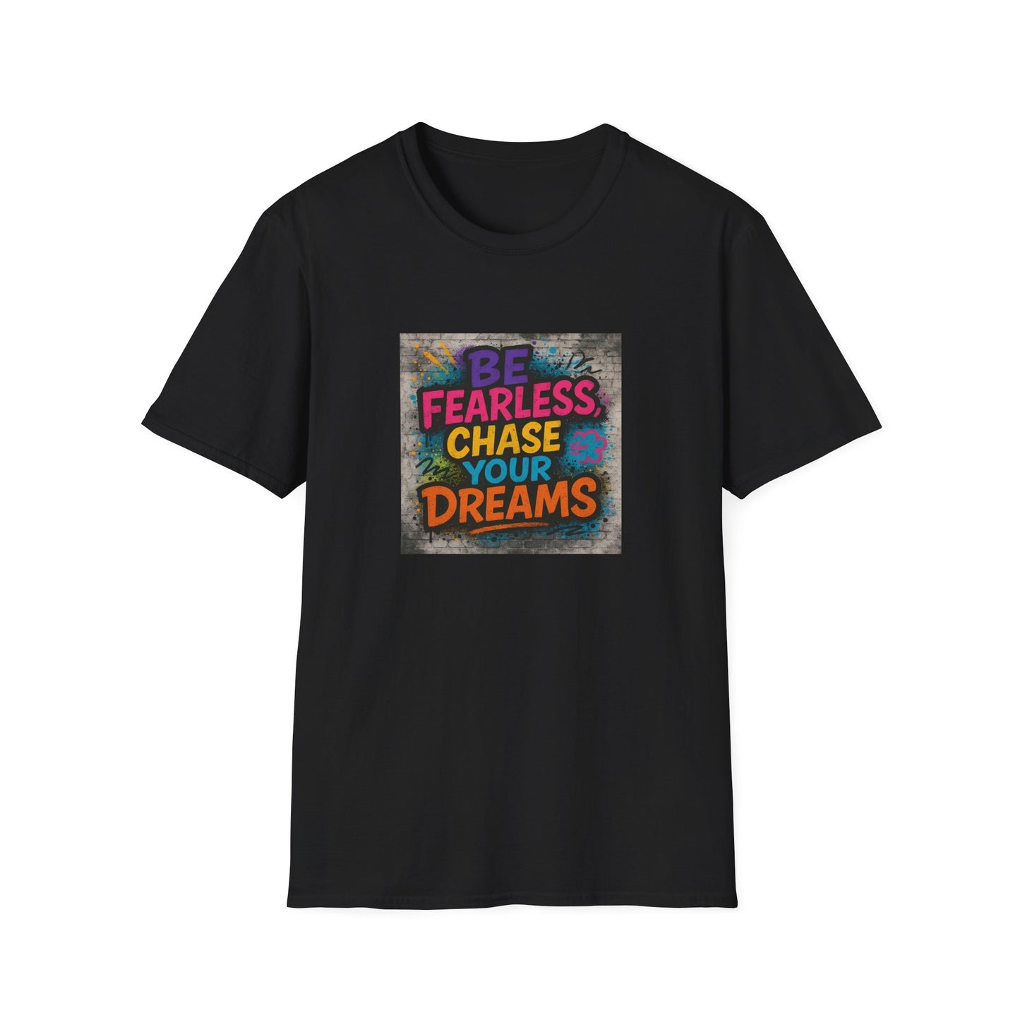 Black t-shirt with colorful text design on a white background