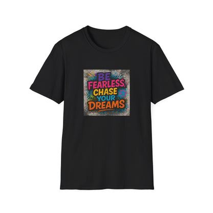 Black t-shirt with colorful text design on a white background