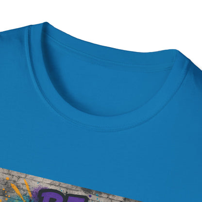 Close-up of a blue shirt with colorful design on a white background