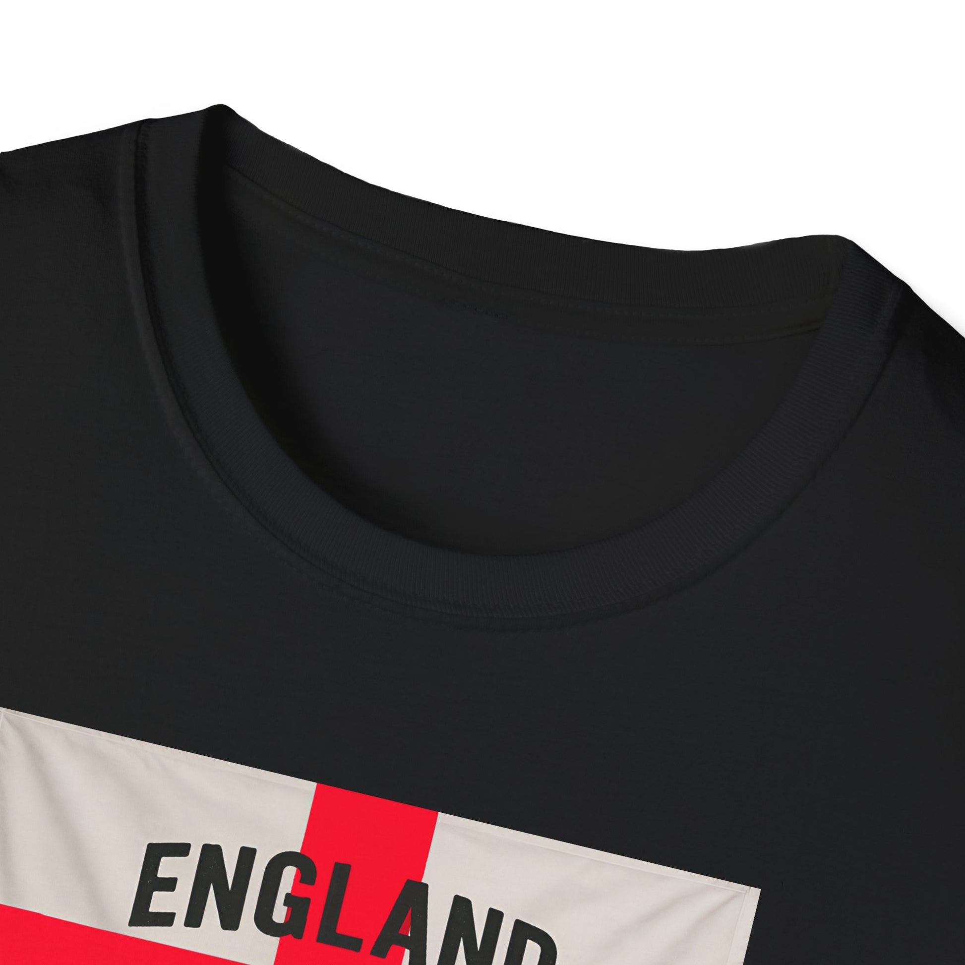 Black t-shirt with 'ENGLAND' text and red and white design on a white background