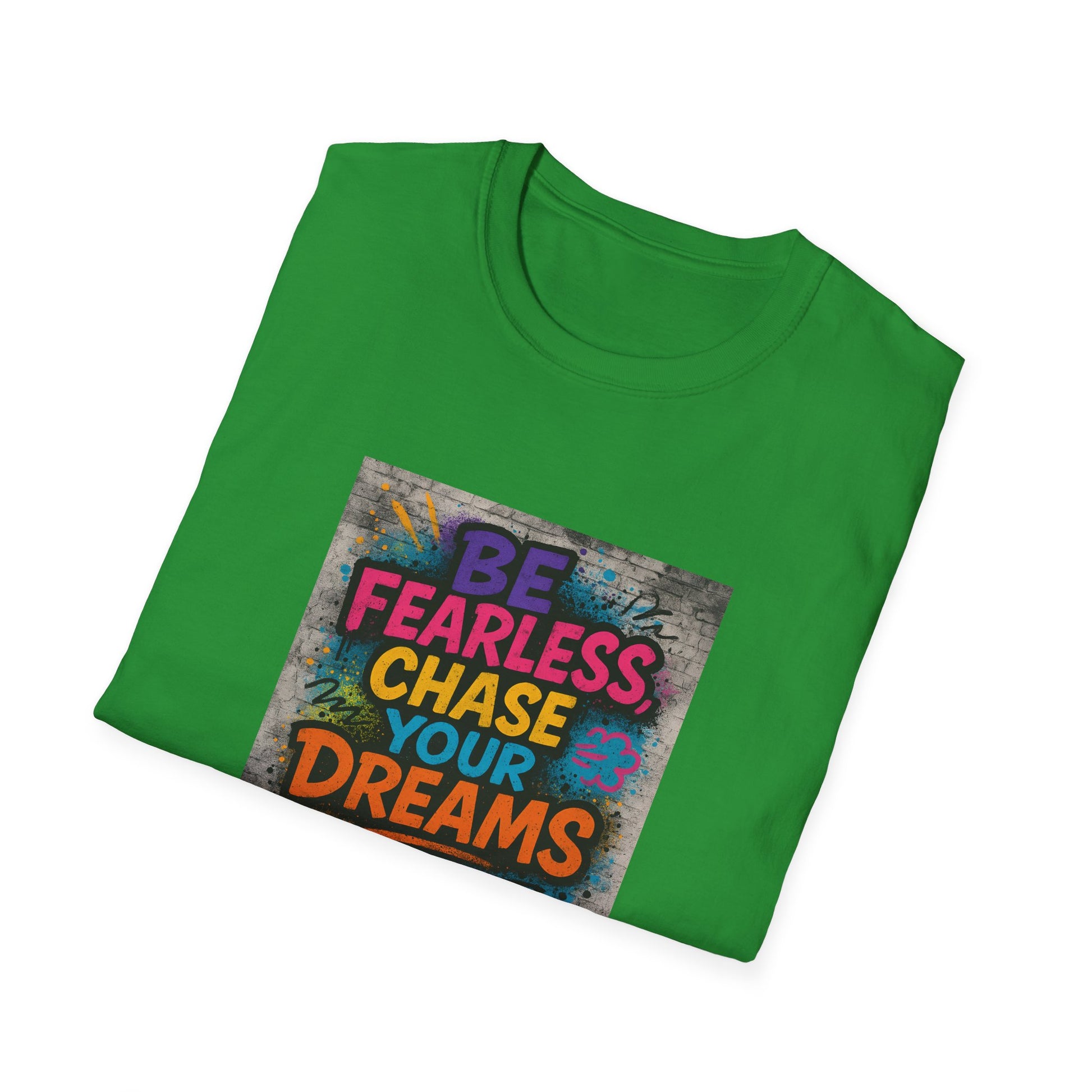 Green t-shirt with motivational quote on a white background