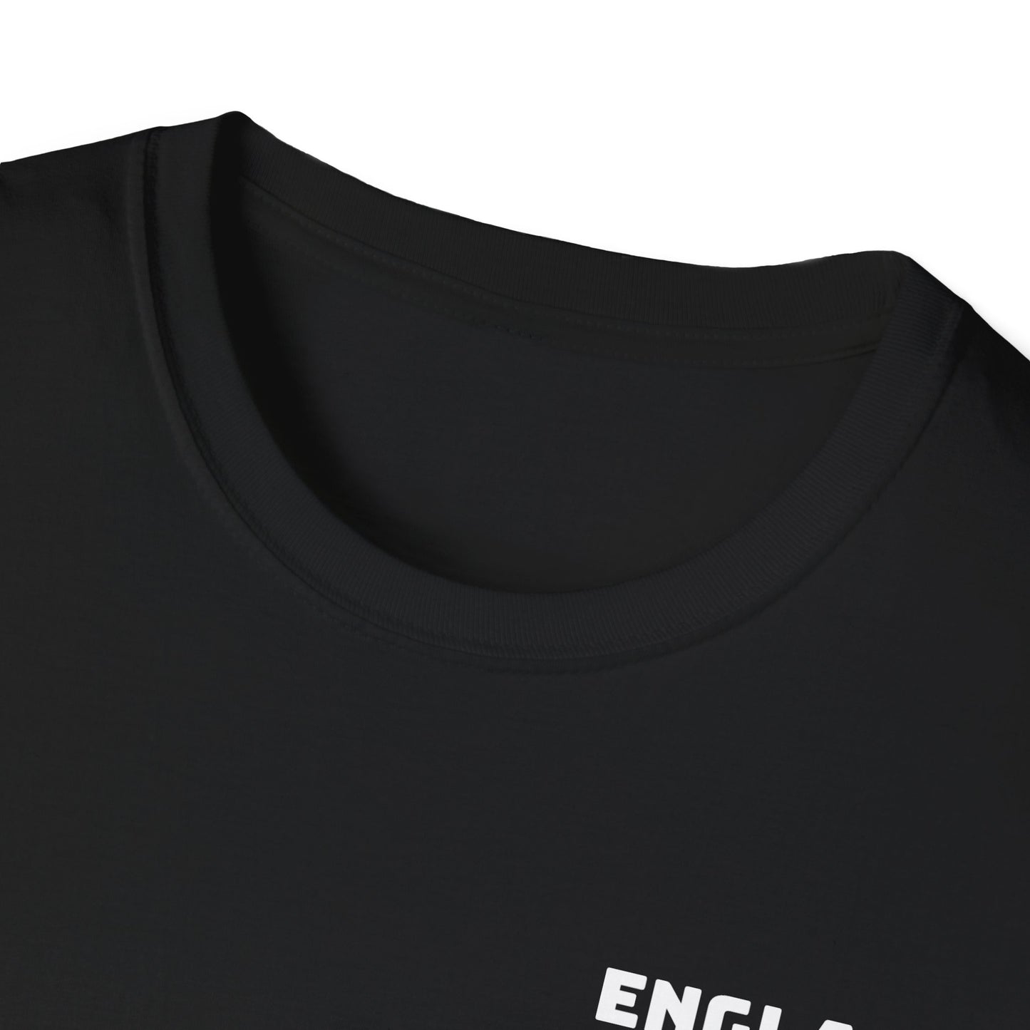 Close-up of a black t-shirt with 'ENGLAND' printed on it.