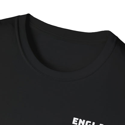 Close-up of a black t-shirt with 'ENGLAND' printed on it.