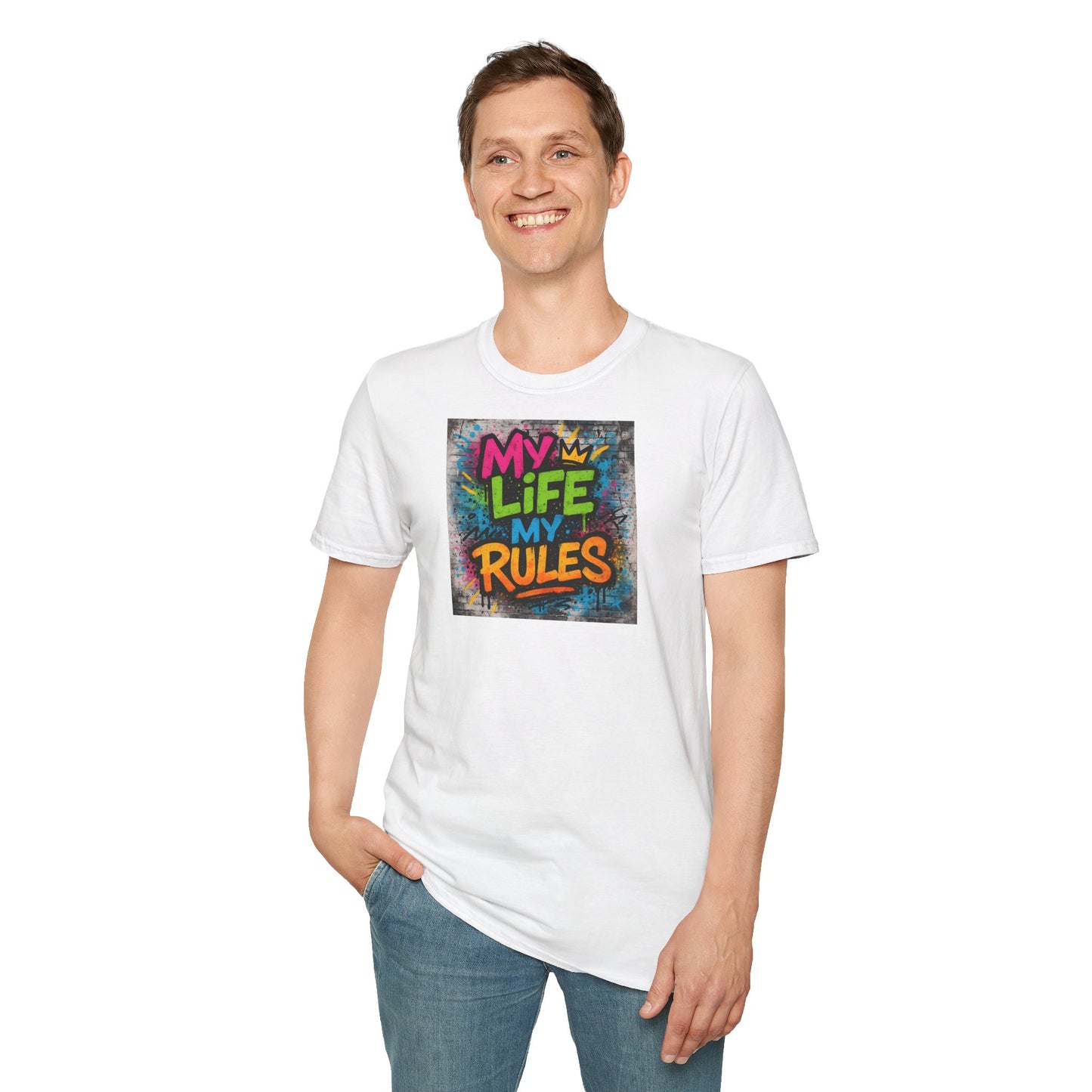 "Graffiti-style MY LIFE MY RULES t-shirt with vivid neon spray paint design on textured background"