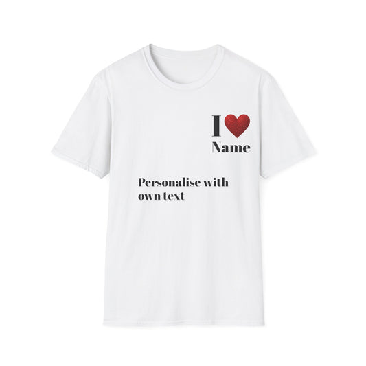 Personalised RED GLITTER Heart Design Unisex T-Shirt, Custom Name Tee,
