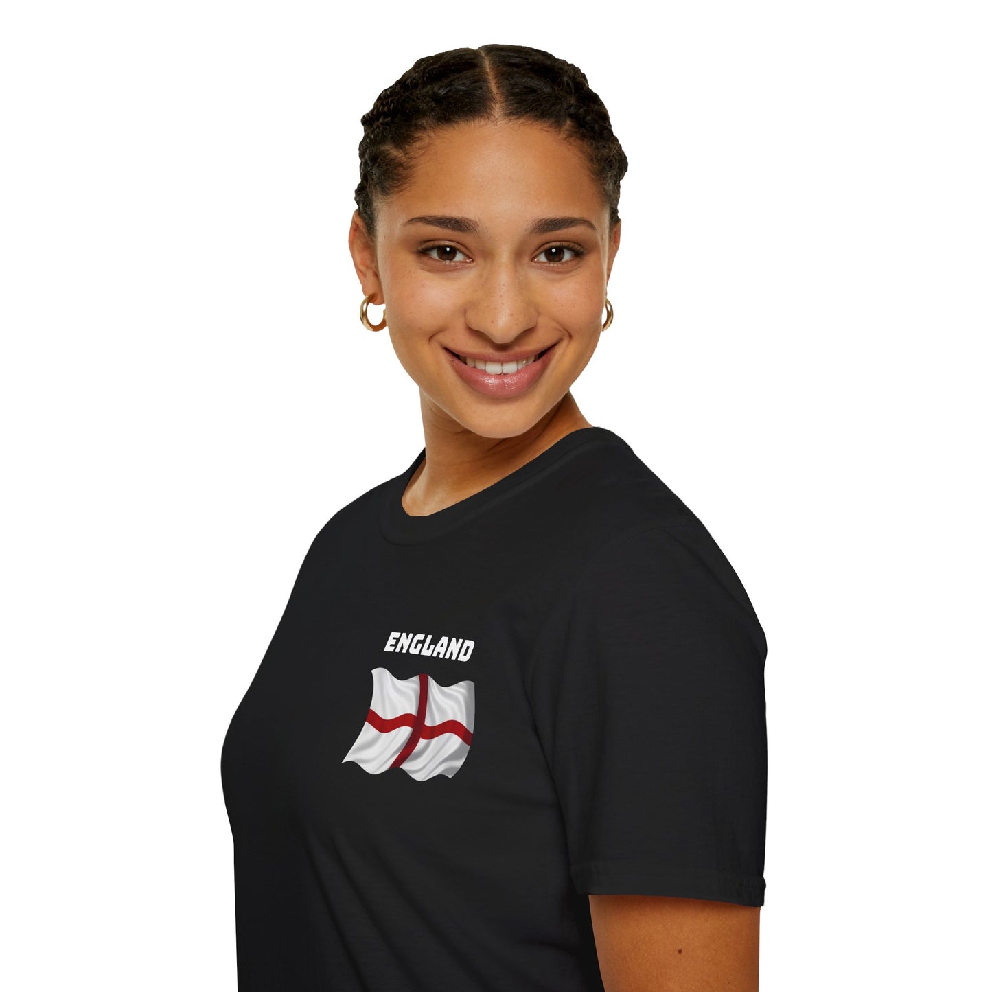 Person wearing a black t-shirt with 'England' and a flag design on a white background