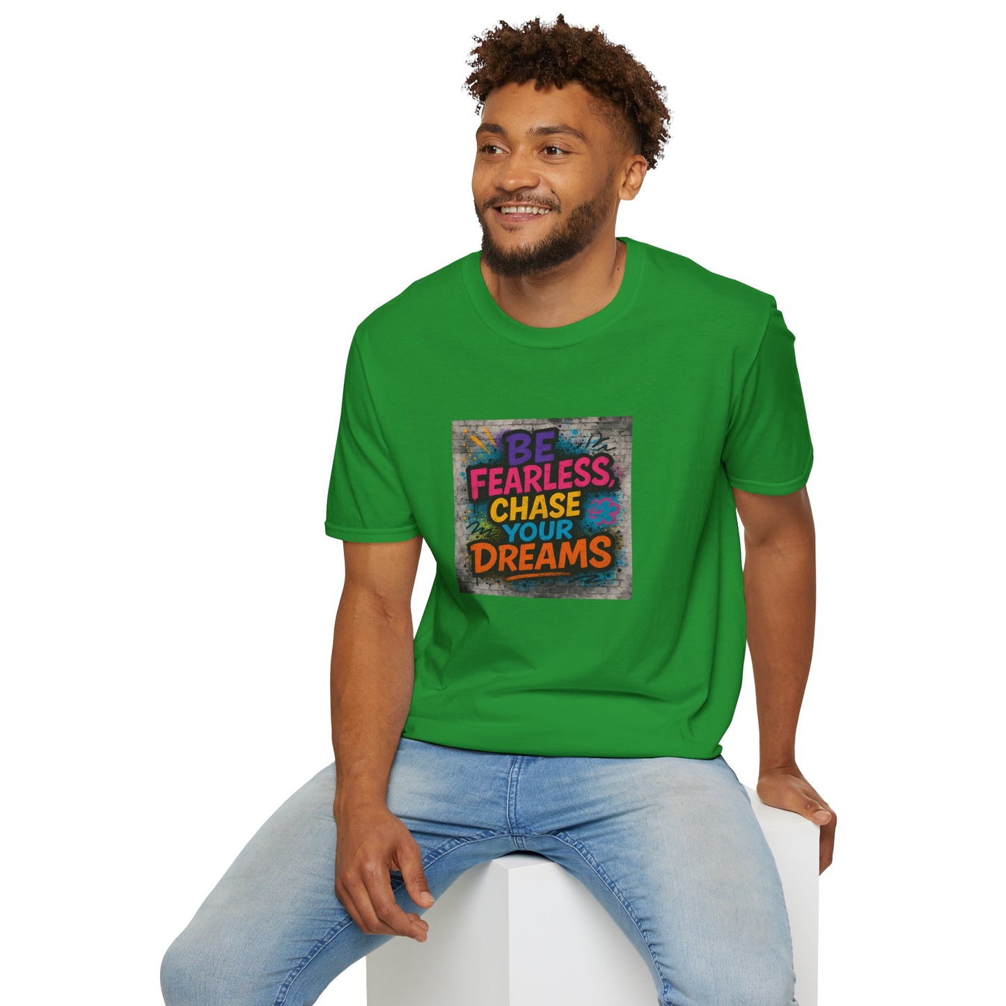 Man wearing a green t-shirt with motivational quote on a white background