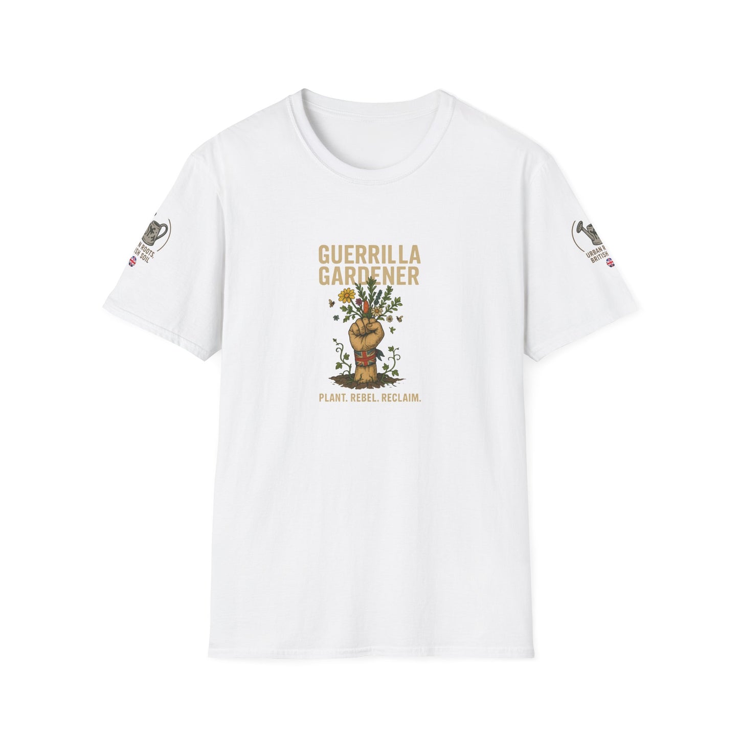 Person wearing a white t-shirt with graphics GURRILLA GARDENING and text on a white background