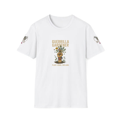 Person wearing a white t-shirt with graphics GURRILLA GARDENING and text on a white background