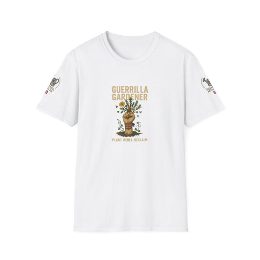 Person wearing a white t-shirt with graphics GURRILLA GARDENING and text on a white background
