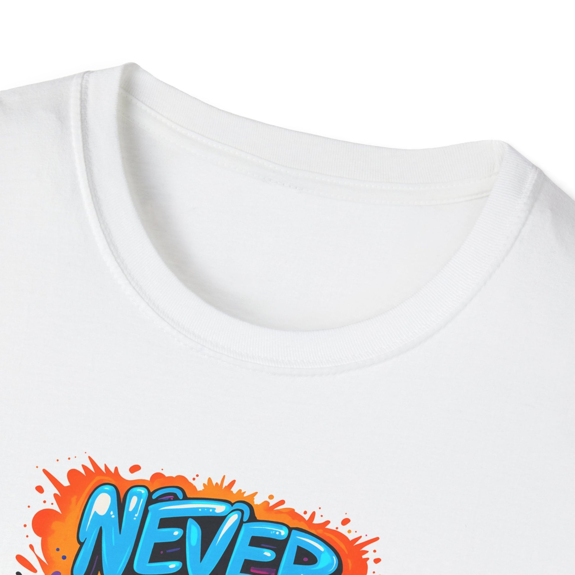 “Graffiti-style motivational quote T-shirt with the phrase ‘Never Let Your Fear Decide Your Future’ in bold blue, pink, and orange colors.”