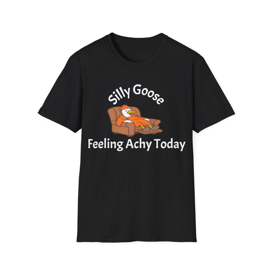 Black t-shirt with a cartoon goose on a couch and text 'Silly Goose Feeling Achy Today' on a BLACK background