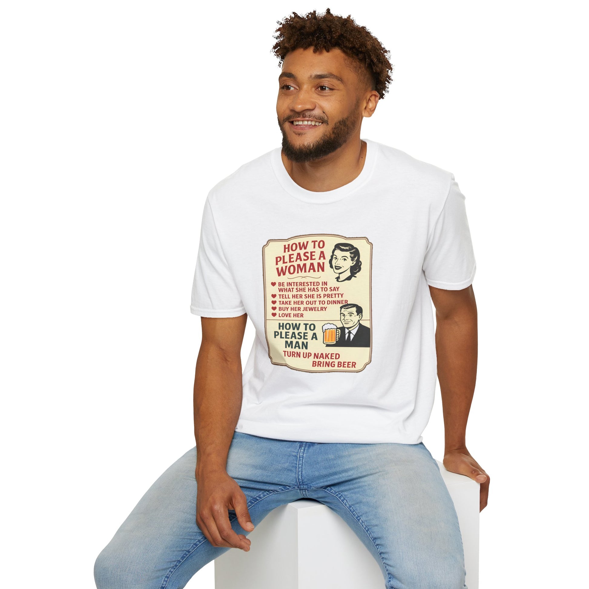 Man wearing a white t-shirt with a graphic design sitting on a white stool.