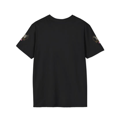 Black t-shirt with SLEEVE designs on a white background