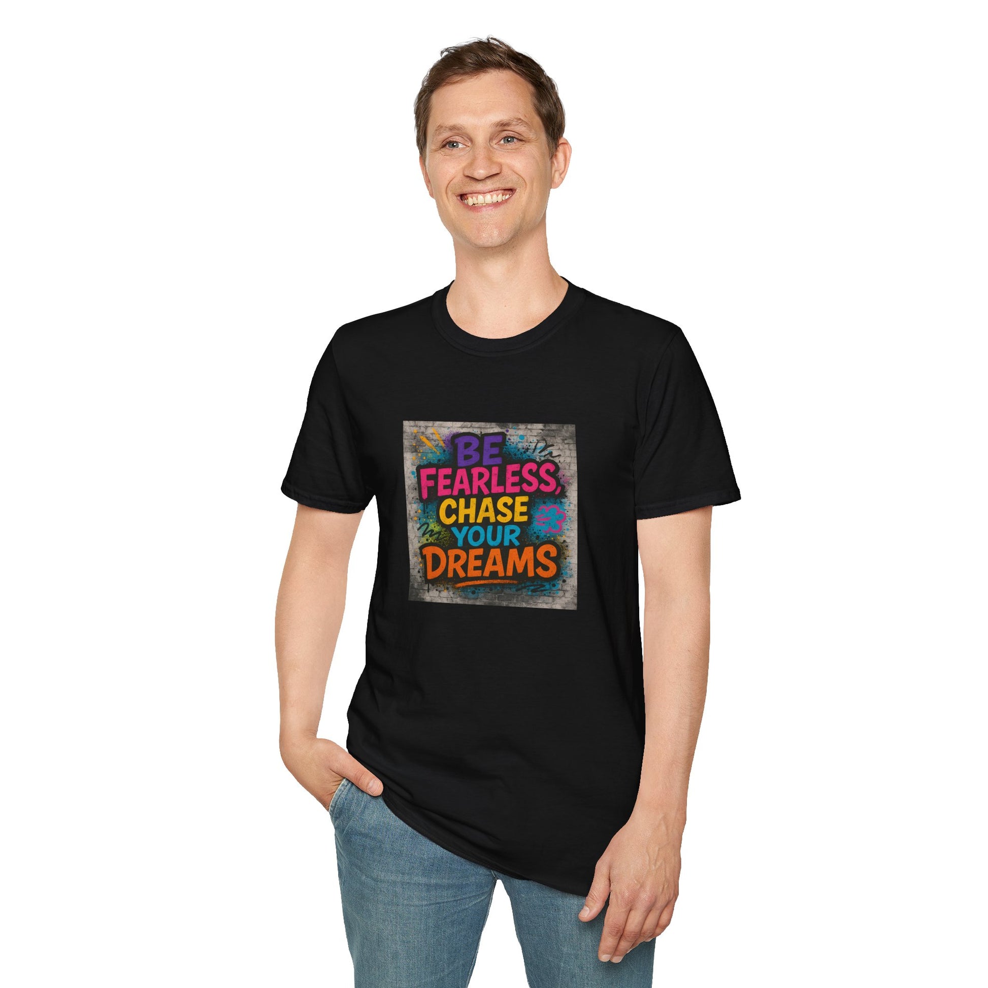 Person wearing a black t-shirt with colorful text design on a white background