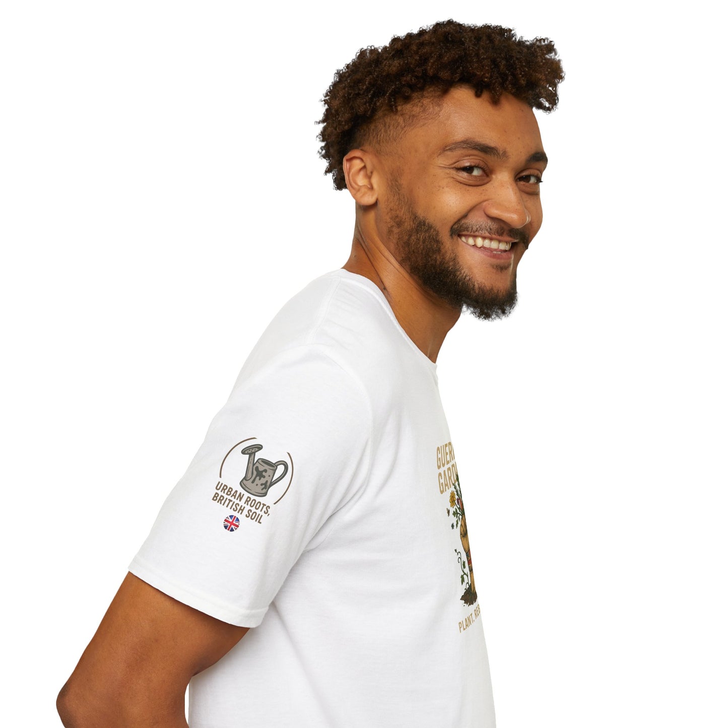 Man wearing a white t-shirt with graphics GURRILLA GARDENING and SLEEVE text on a white background
