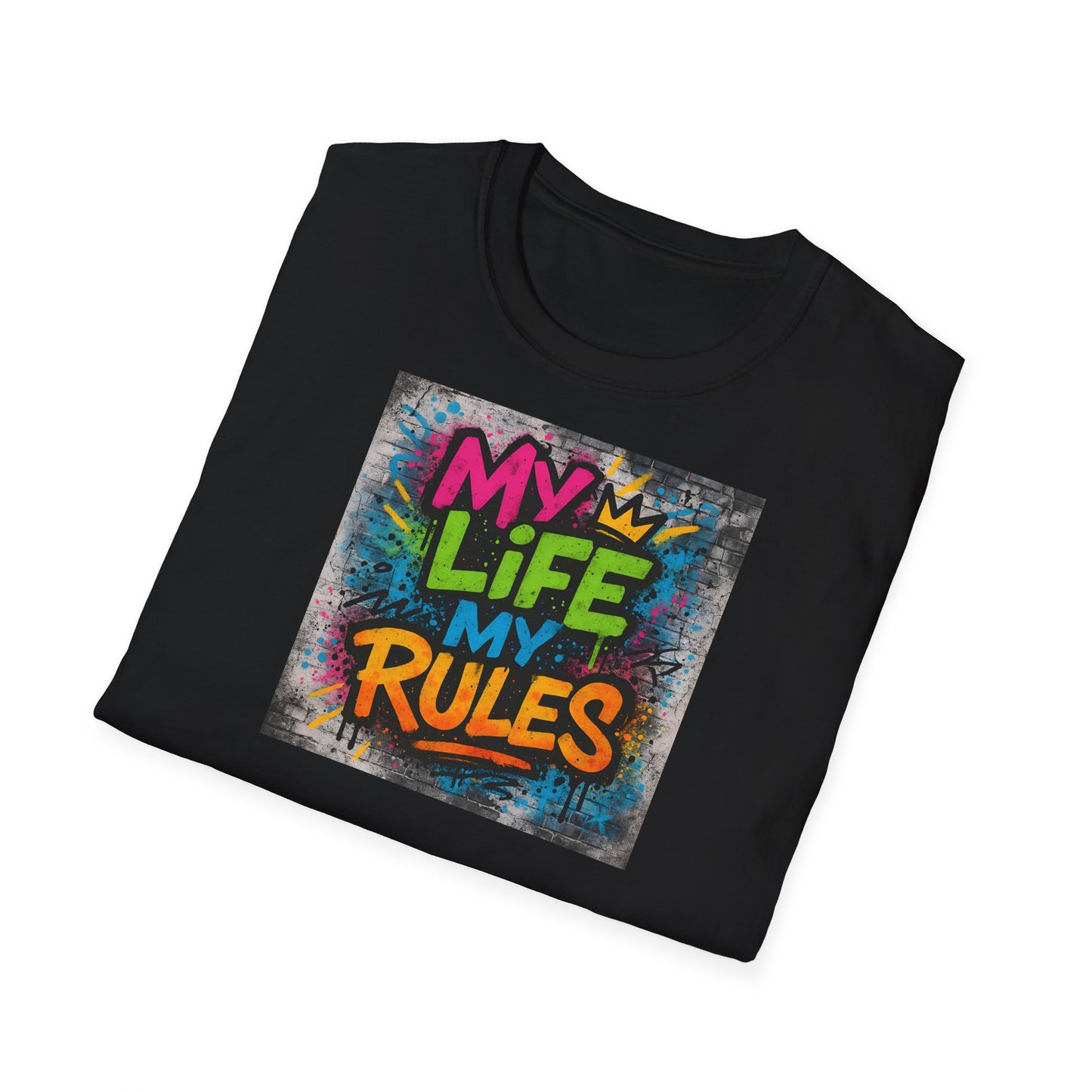 Black t-shirt with colorful 'My Life My Rules' design on a white background
