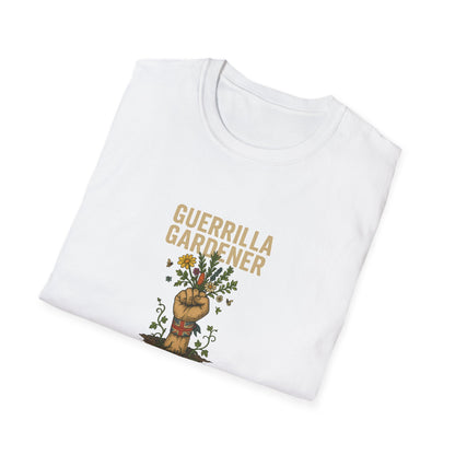 White t-shirt with 'Guerrilla Gardener' design on a white background