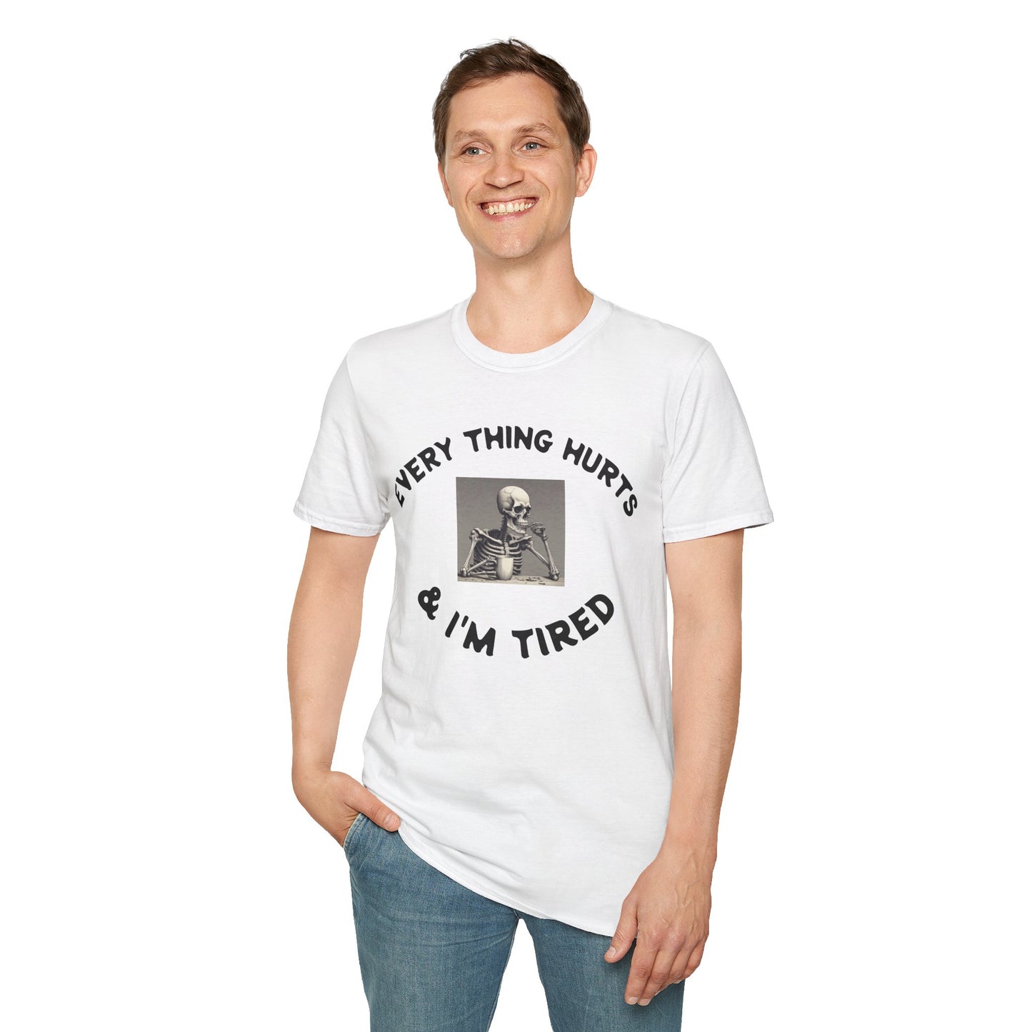 Person wearing a white t-shirt with a graphic and text on a white background