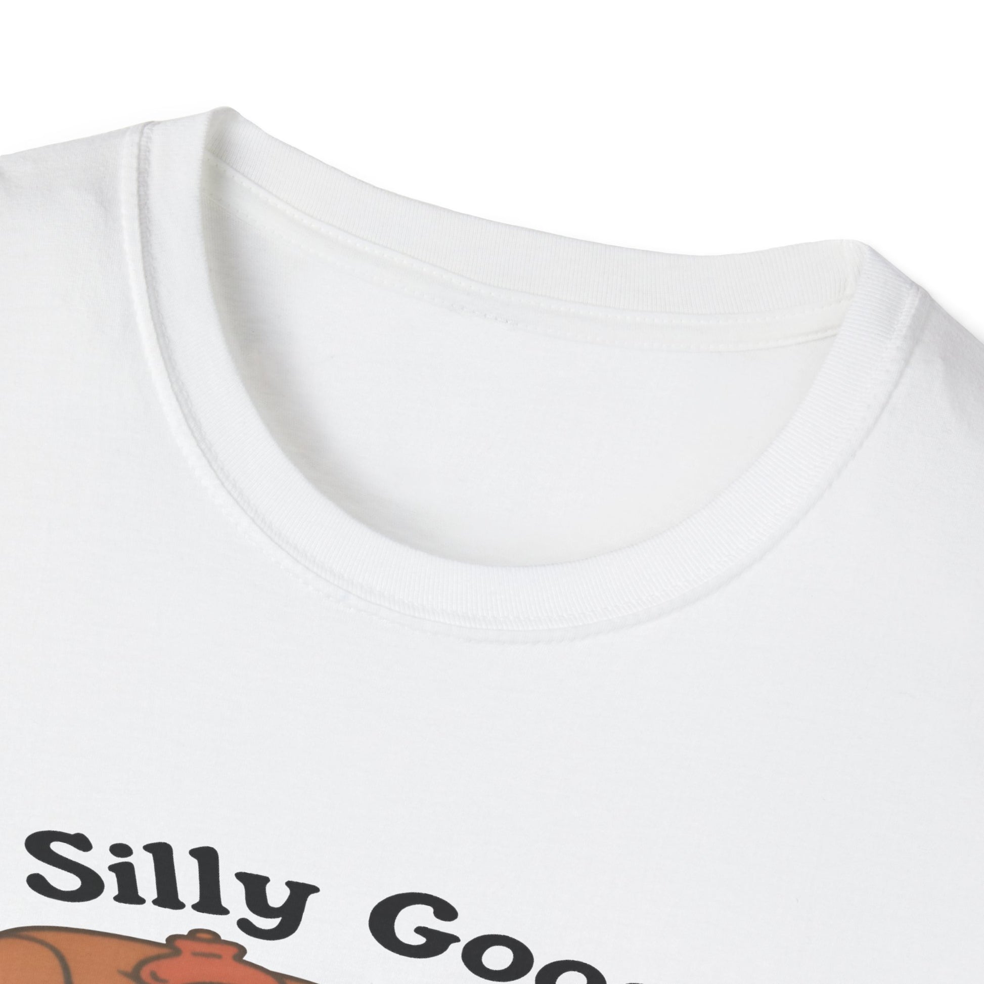 White t-shirt with 'Silly Goose'text and silly goose cartoon character on a white background