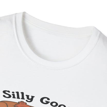 White t-shirt with 'Silly Goose'text and silly goose cartoon character on a white background