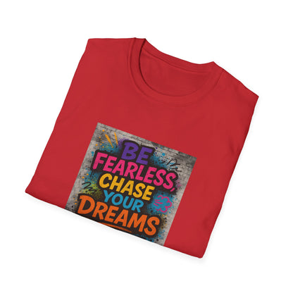 Folded red t-shirt with motivational quote on a white background