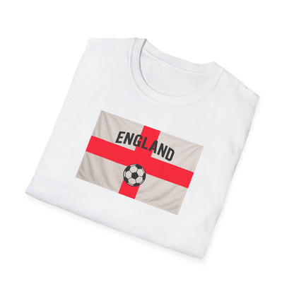White t-shirt with England flag and soccer ball design on a white background