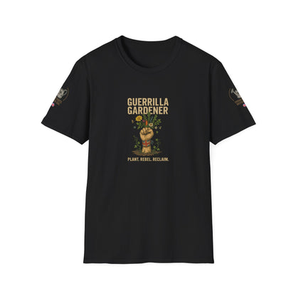Black t-shirt with 'Guerrilla Gardener' graphic design on a white background