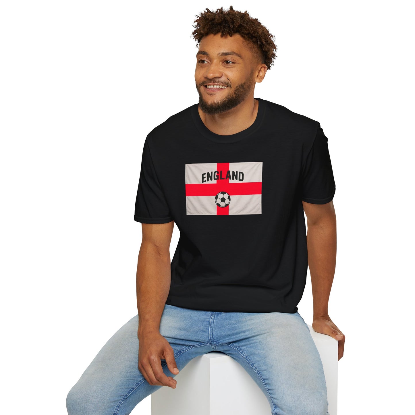 Man wearing a black t-shirt with an England flag design on a white background