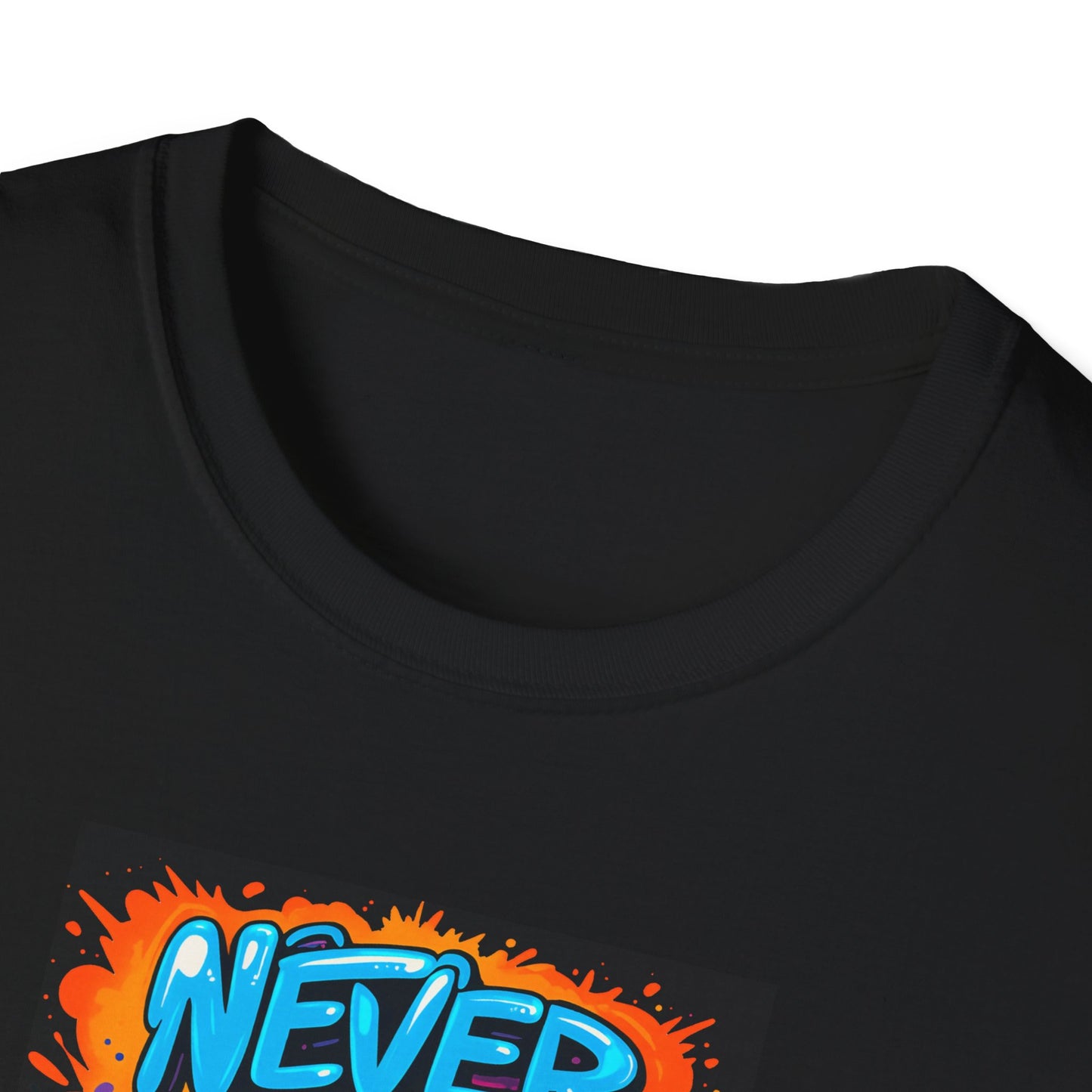Black t-shirt with colorful 'NEVER' graphic design on a white background