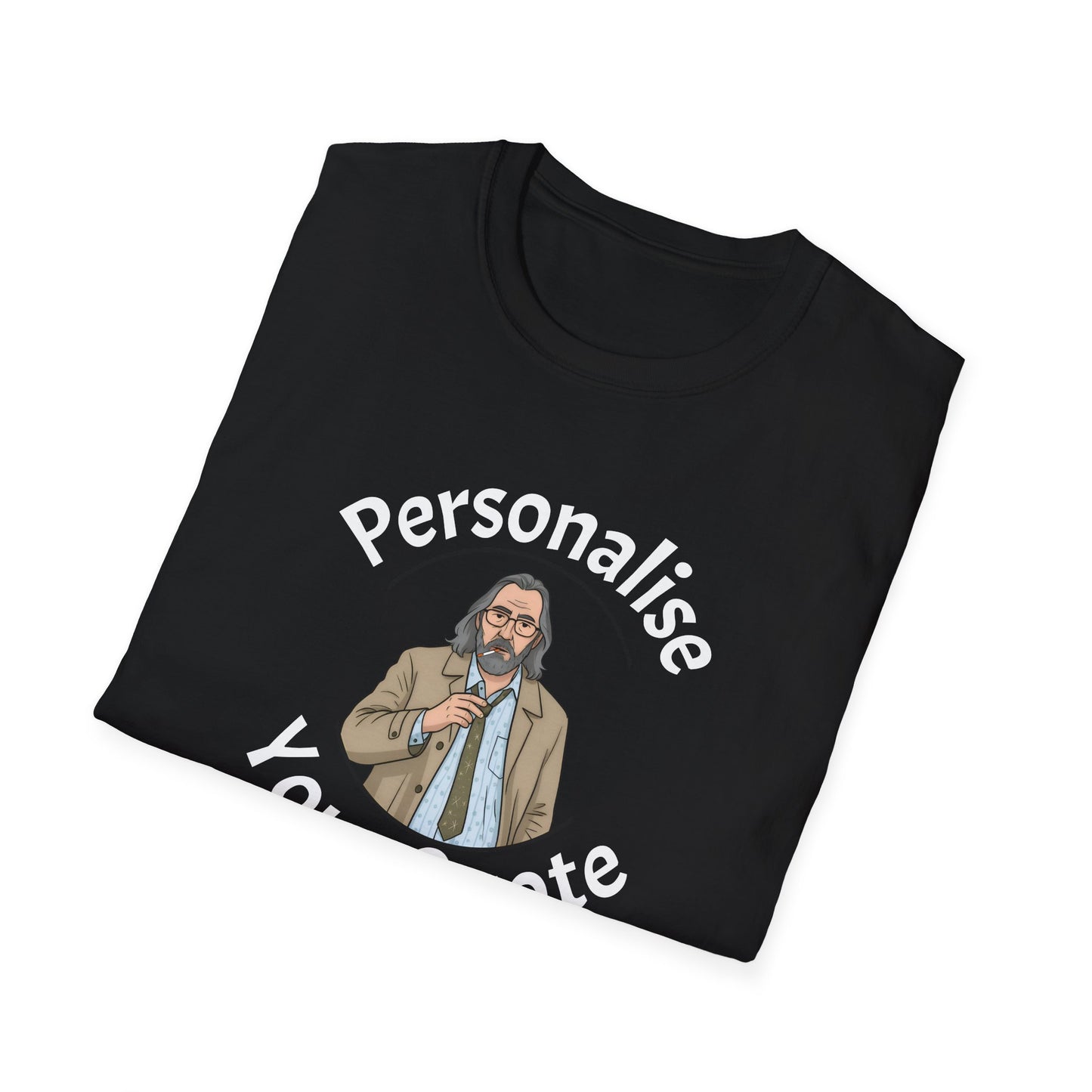 Close up view Personalised Jackson Lamb caricature black T-shirt with custom quote"