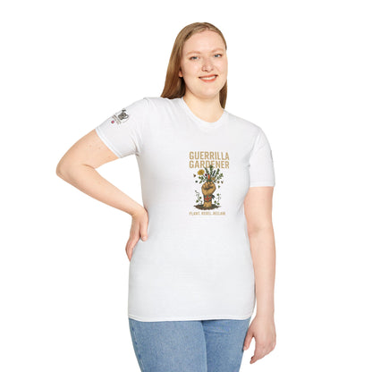 Woman wearing a white t-shirt with a graphic design and text on a white background