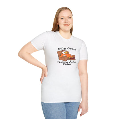 Person wearing a white t-shirt with a silly cartoon goose graphic and text on a white background