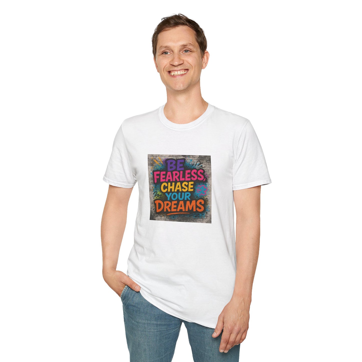 Person wearing a white t-shirt with motivational quote on a plain background