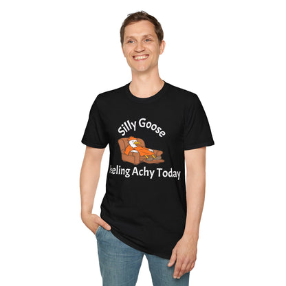 Person wearing a black t-shirt with a cartoon goose and text on a black background