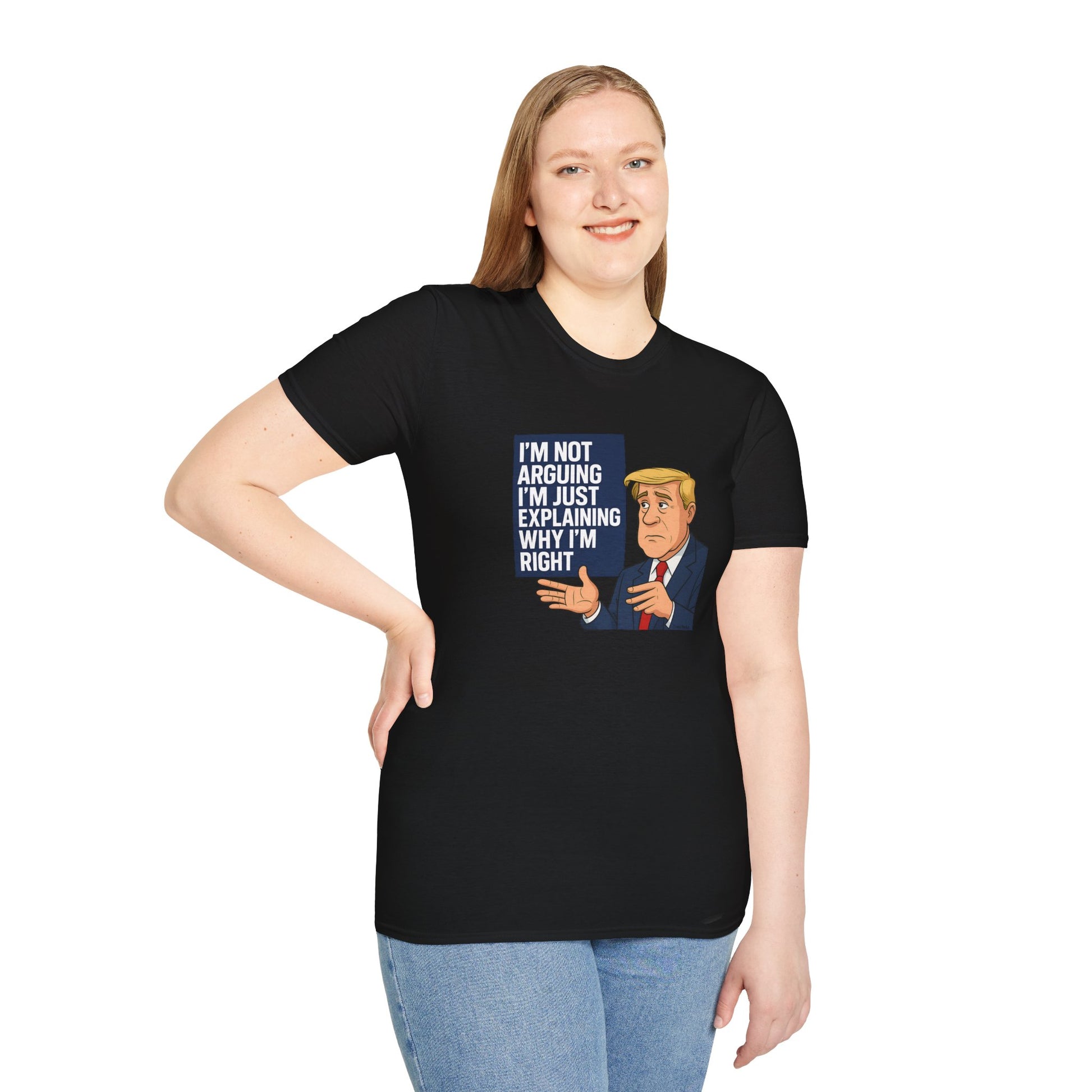 Person wearing a black t-shirt with a graphic and text, standing against a white background