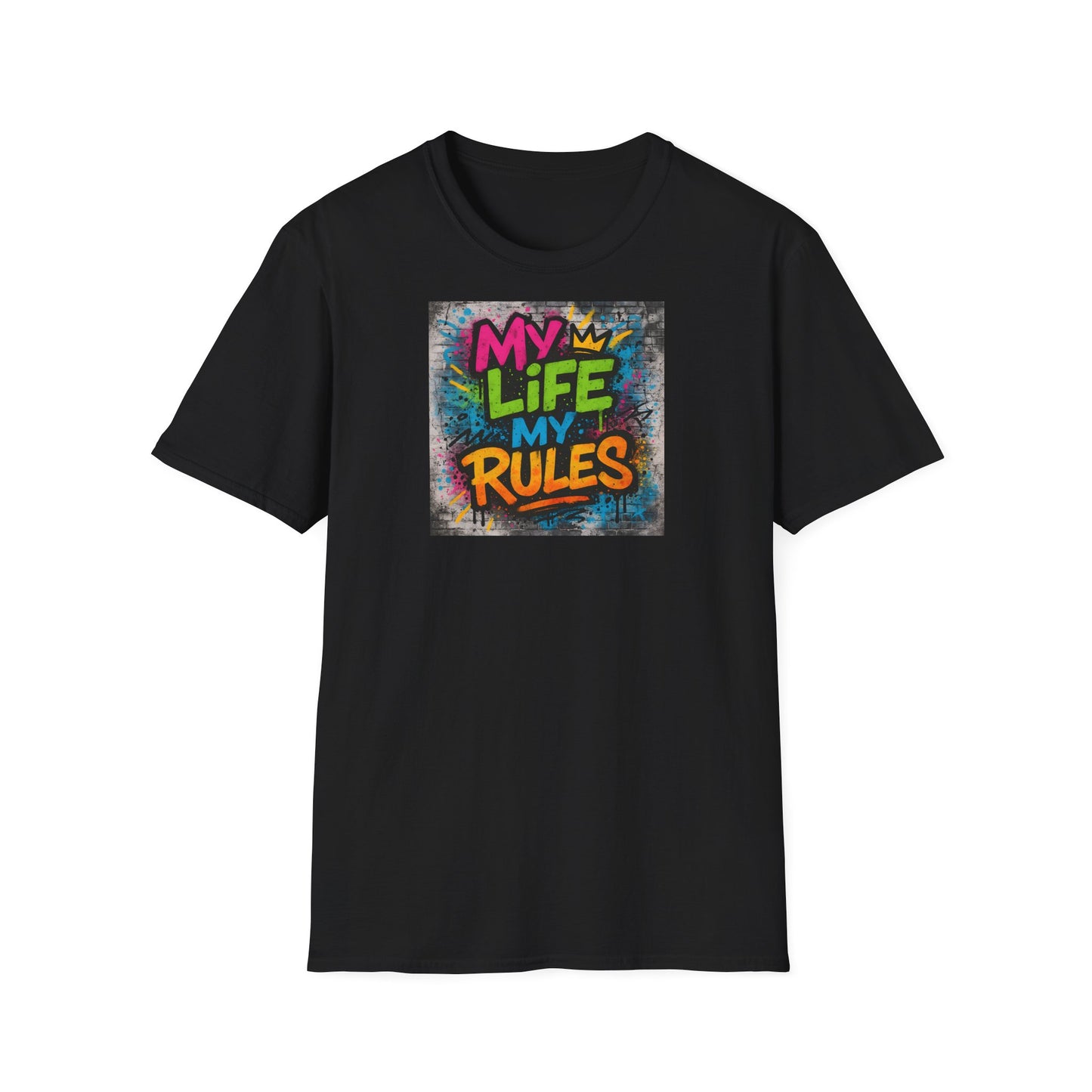 Black "Graffiti-style MY LIFE MY RULES t-shirt with vivid neon spray paint design on textured background"