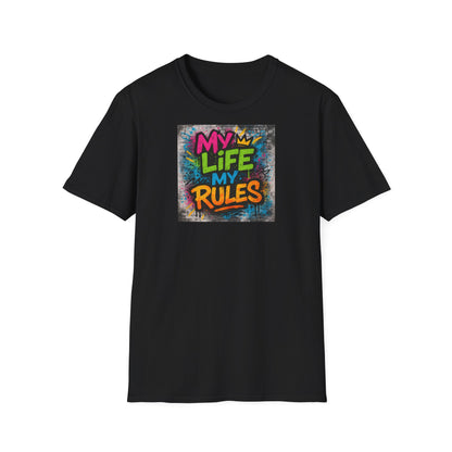 Black "Graffiti-style MY LIFE MY RULES t-shirt with vivid neon spray paint design on textured background"