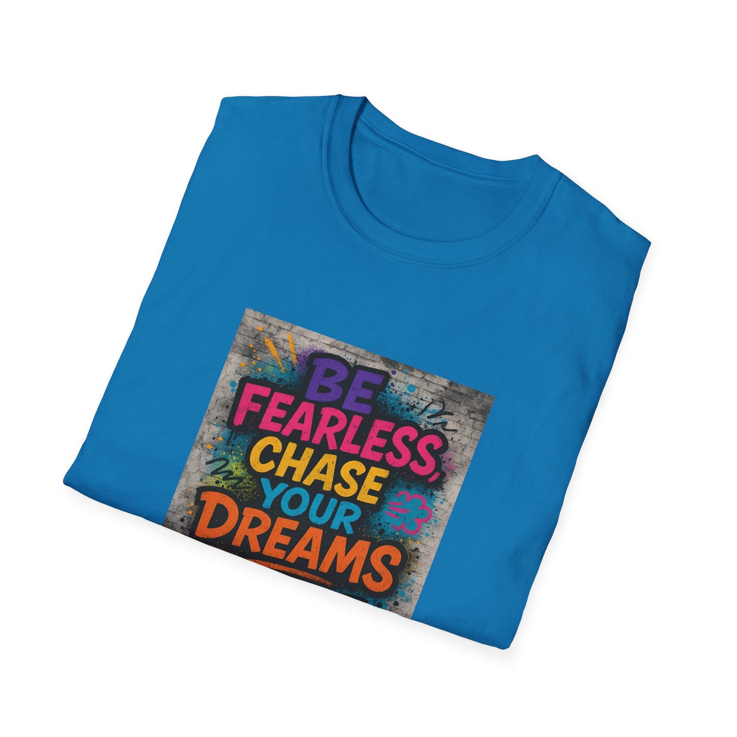 Folded blue t-shirt with motivational quote on a white background