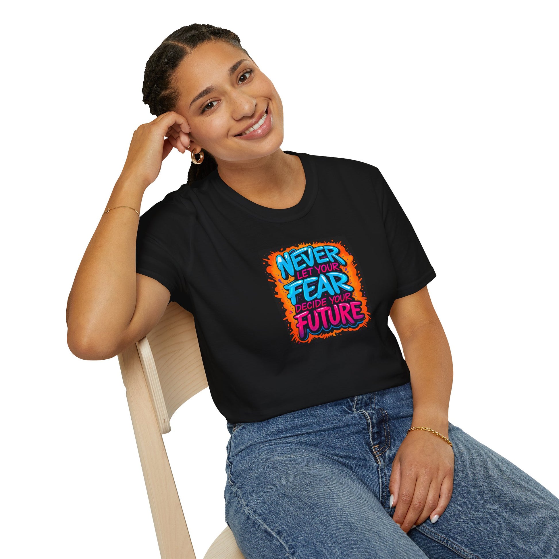 “Graffiti-style motivational quote T-shirt with the phrase ‘Never Let Your Fear Decide Your Future’ in bold blue, pink, and orange colors.”