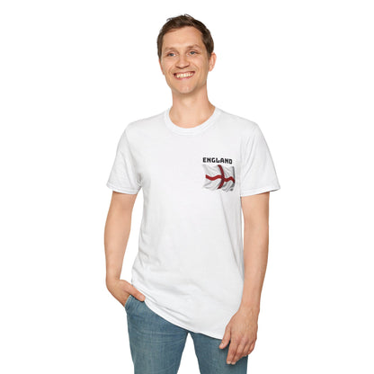 Man wearing a white t-shirt with 'England' and a flag design on a white background