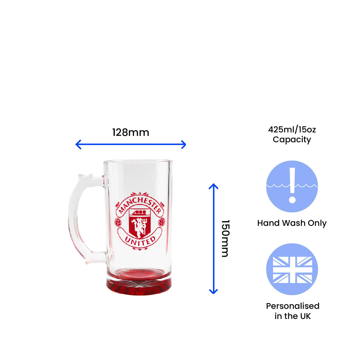 Dimensions Engraved Official Manchester United 20oz Beer Mug, Gift Boxed