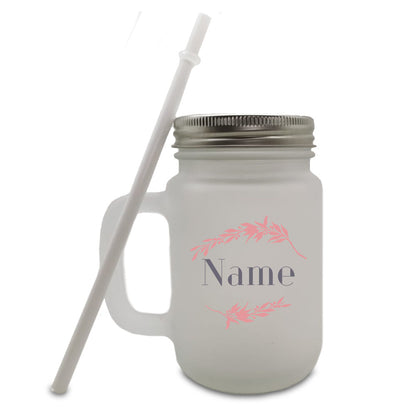 Colour Printed Frosted Mason Jar with Name and Wreath Design Image 1