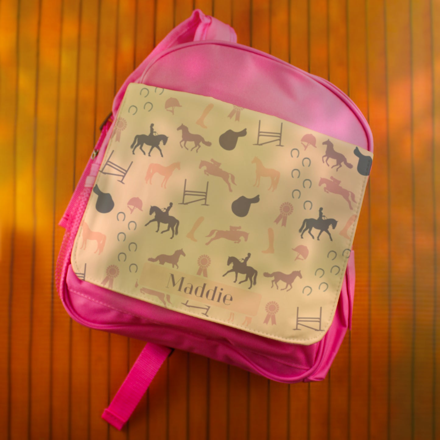 Printed Kids Pink Backpack with Horse Riding Design, Customise with Any Name Image 4