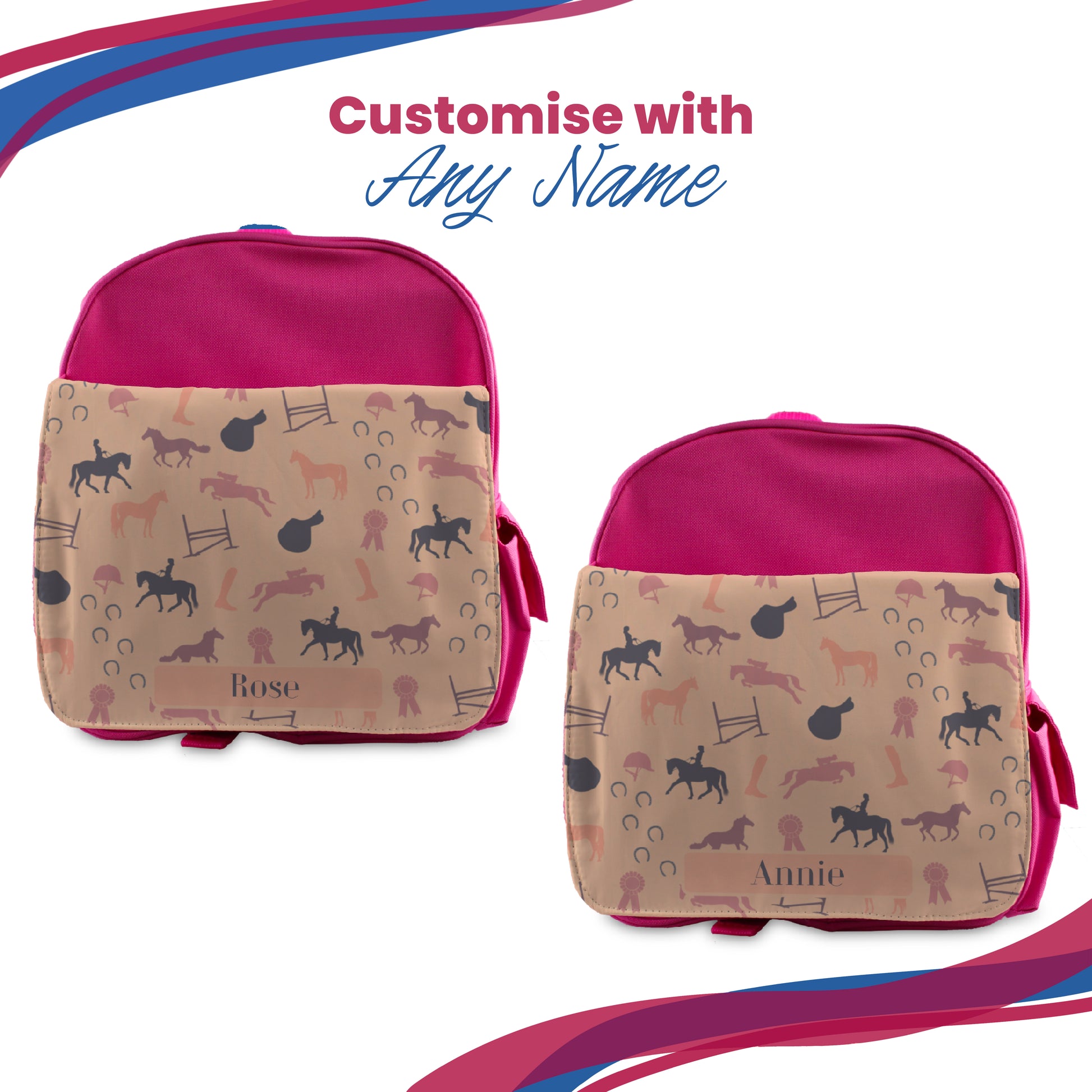 Printed Kids Pink Backpack with Horse Riding Design, Customise with Any Name Image 5