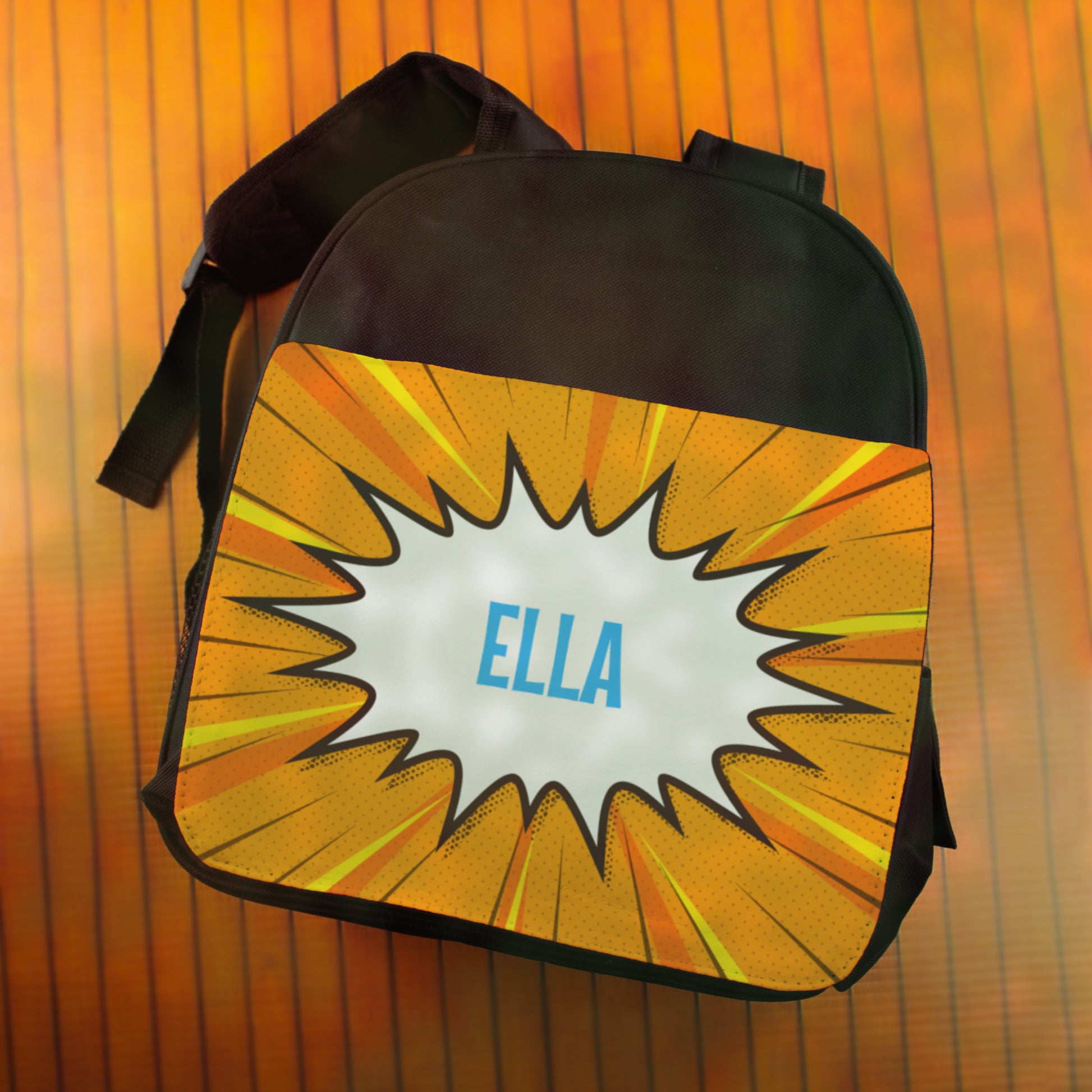 Printed Kids Black Backpack with Comic Book Superhero Design, Customise with Any Name Image 4